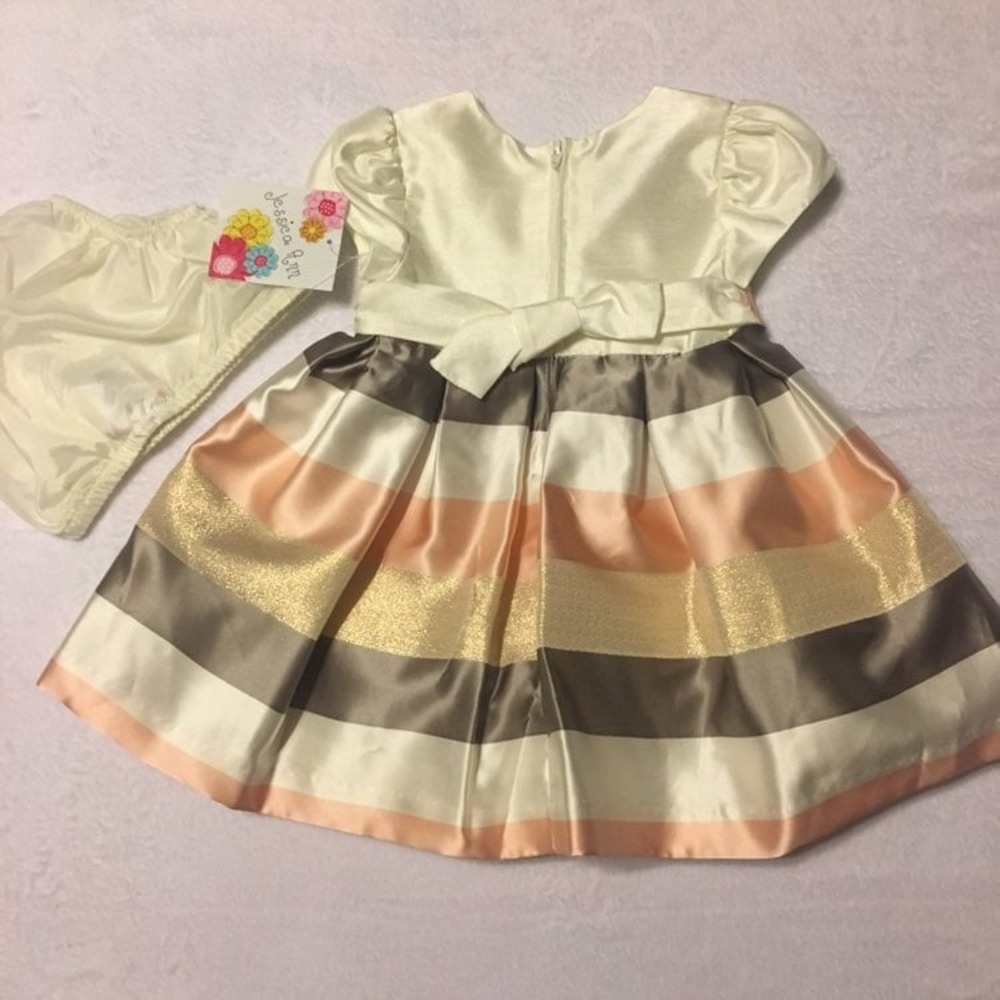Jessica Ann Dress Baby Girls 18M Cream Gold Striped NWT Party Formal Satin Bow
